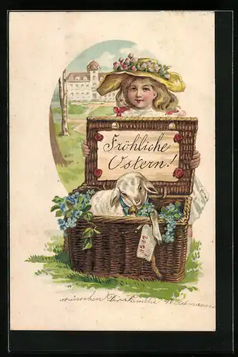 Präge-AK Fröhliche Ostern, Mädchen mit Lamm im Korb