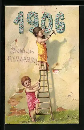 Präge-AK Fröhliches Neujahr 1906, Kinder auf Leiter