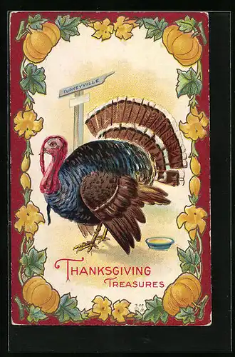 Präge-AK Thanksgiving Treasures, Truthahn mit Kürbissen
