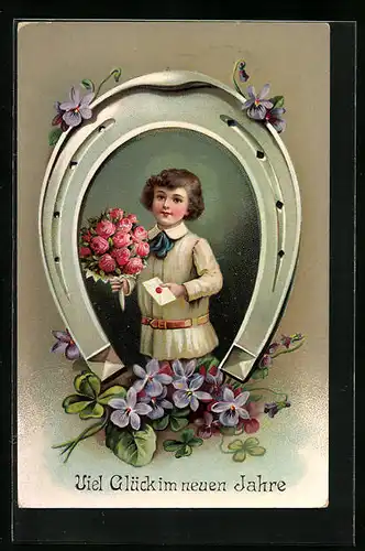 Künstler-AK Junge mit Rosenstrauss und Hufeisen zum neuen Jahre