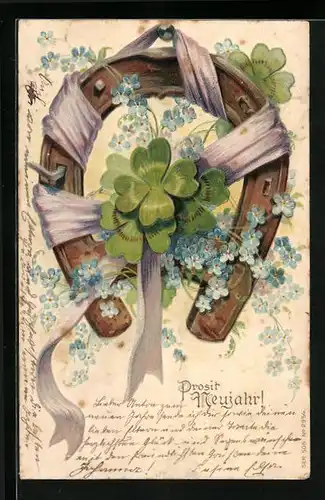 Präge-AK Prosit Neujahr, Hufeisen mit Kleeblättern