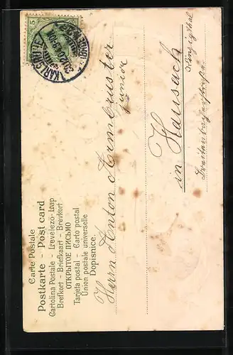 Präge-AK Prosit Neujahr, Hufeisen mit Kleeblättern