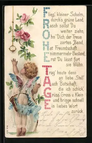 Präge-AK Frohe Tage, Engelchen mit Rosen