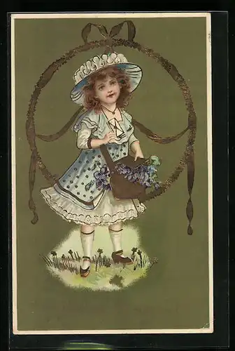 Künstler-AK Fröhliche Pfingsten, Mädchen im Kleid mit Veilchen
