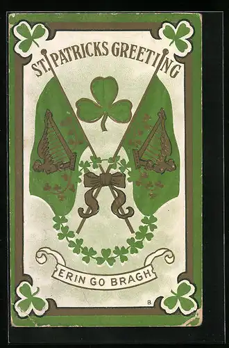 Präge-AK St. Patricks Greetings mit Kleeblatt-Motiven und Fahnen