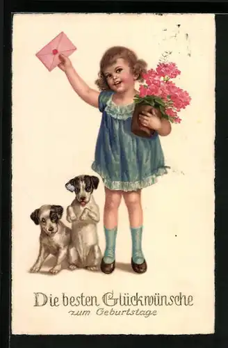Künstler-AK Glückwünsche zum Geburtstag, Mädchen mit Hunden und Blumen
