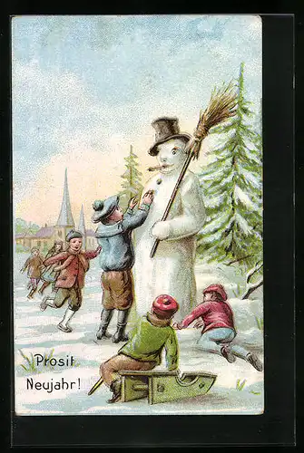 Künstler-AK Prosit Neujahr, Kinder bauen einen Schneemann