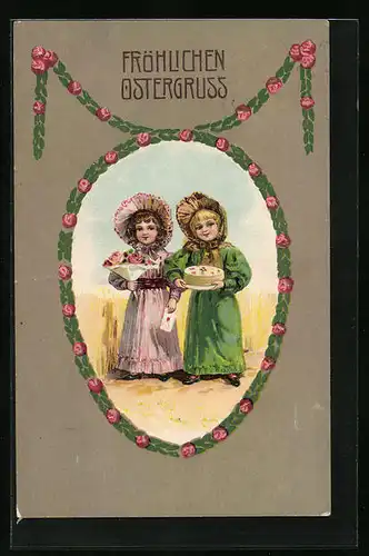 Präge-AK Mädchen in Kleidern zum Osterfest