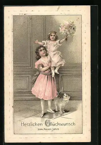 Präge-AK Kind mit Blumenstrauss und Katze zum neuen Jahre