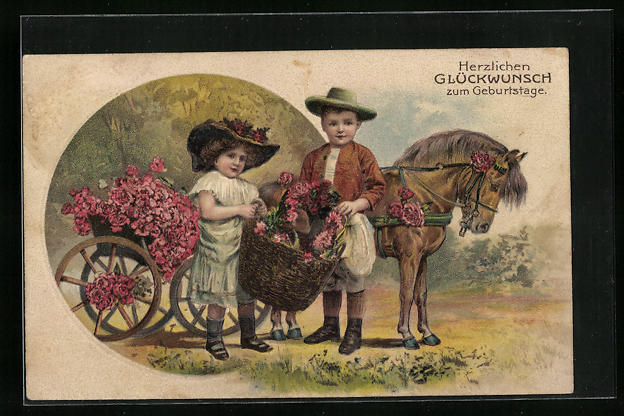 PrägeAK Glückwünsche zum Geburtstag, Kinder mit Kutsche voller Blumen