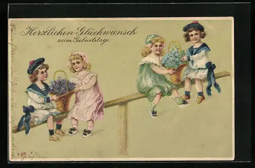 Präge-AK Glückwünsche zum Geburtstag, Kinder mit Blumen auf der Wippe
