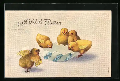 Präge-AK Osterküken mit Osterei zum Feste