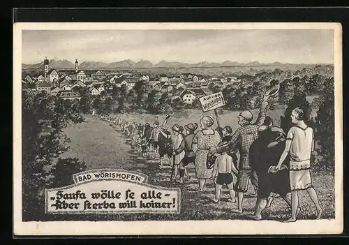 Künstler-AK Wörishofen, Menschenmassen in Badekleidung auf dem Weg, Badekultur
