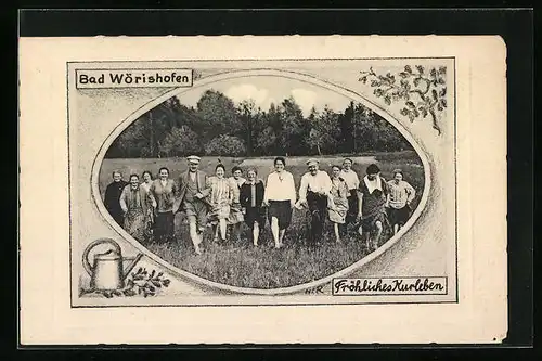 AK Wörishofen, Gruppenaufnahme munterer Kurgäste, Badekultur