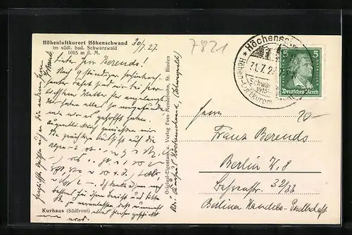 AK Höhenschwand /Bad. Schwarzwald, Südfront des Kurhauses