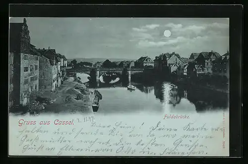 Mondschein-AK Kassel, Ortspartie an der Fuldabrücke