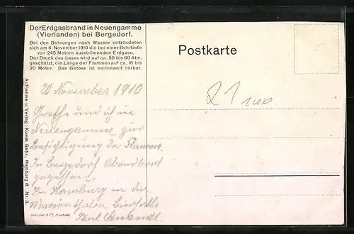 AK Neuengamme /Bergedorf, Erdgasbrand am 4. November 1910