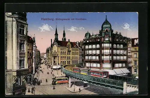AK Hamburg, Rödingsmarkt, Hochbahn, Strassenbahn