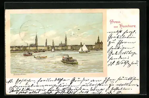 Lithographie Hamburg, Binnenalster mit Schiffen