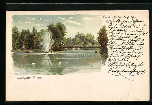 Künstler-AK Frankfurt-Westend, Palmengarten-Weiher, Fontäne