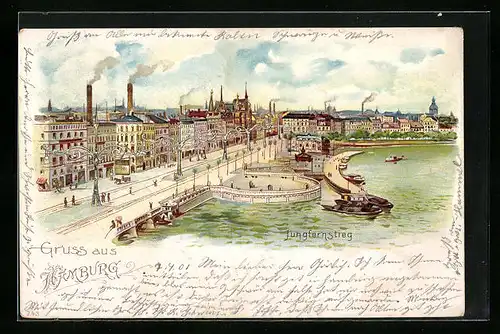 Lithographie Hamburg-Neustadt, Uferpartie mit Jungfernstieg