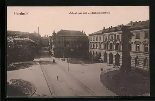 AK Pforzheim, Jahnstrasse mit Goldschmiedeschule