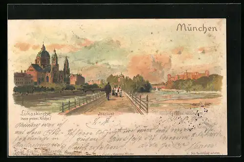 Künstler-AK München, Die Lukaskirche, Isarlust, Maximilianeum