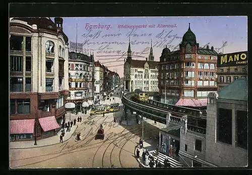 AK Hamburg, Rödingsmarkt mit Alterwail, Strassenbahn