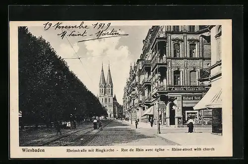 AK Wiesbaden, Rheinstrasse mit Ringkirche, Hotel J. Meier