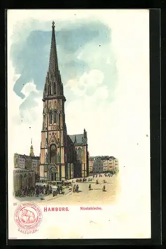 Künstler-AK Hamburg, Nicolaikirche mit Besuchern