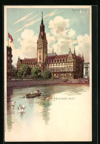 AK Hamburg, Flusspartie mit Blick zum Rathaus