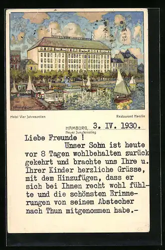 Künstler-AK Hamburg-Neustadt, Hotel Vier Jahreszeiten und Restaurant Haerlin, Neuer Jungfernsteig