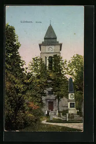 Künstler-AK Lübtheen, Kirche mit Denkmal