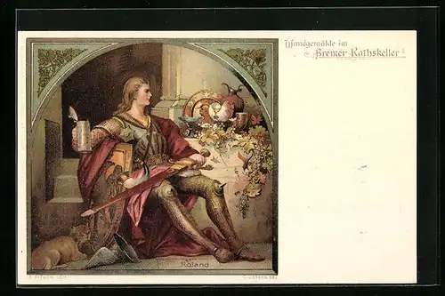 AK Bremen, Wandgemälde im Rathskeller, Roland