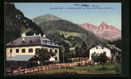 AK Birchabruck, Ortsansicht mit Dolomiten gegen den Latemar