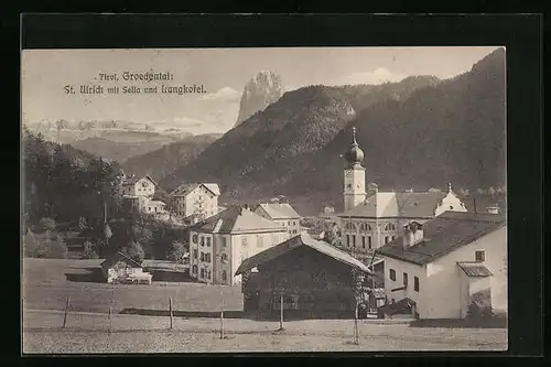 AK St. Ulrich i. Groedental, Totalansicht mit Langkofel