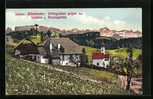 AK Wolfsgruben, Ortsansicht gegen den Schlern und Rosengarten