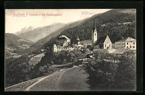 AK Gufidaun bei Klausen, Ortsansicht mit Gaisbergspitze