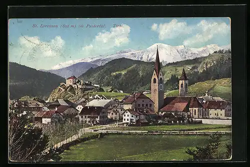 AK St. Lorenzen /Pustertal, Ortsansicht mit Kirche und Gebirgspanorama