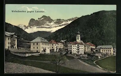 AK Welschnofen, Ortsansicht gegen Latemar