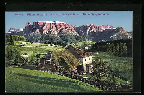 AK Klobenstein /Rittenbergbahn, Ortspartie mit Dolomitenpanorama