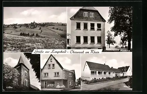 AK Langscheid /Oberwesel, Warenladen Josef Hastenplug, Kirche, Schule, Pfalzbrick