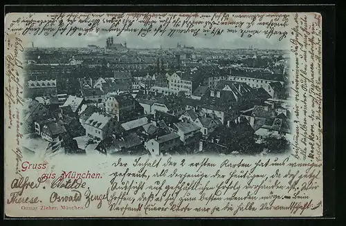 Mondschein-AK München, Ortsansicht aus der Vogelschau