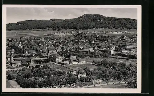 AK Ebingen, Ort aus der Vogelschau mit Burg in der Ferne