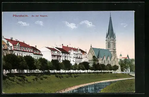 AK Pforzheim, Partie mit Kirche an der Nagold