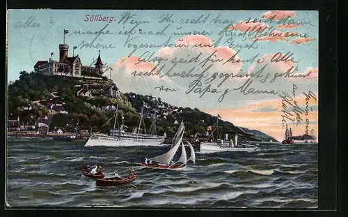 AK Blankenese /Hamburg, Segel- und Ruderboote vor Süllberg mit Burg