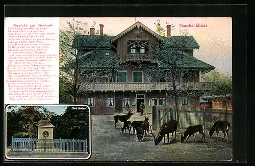 AK Thale /Harz, Pfeil`s Denkmal und Rehe vor dem Dambachhaus