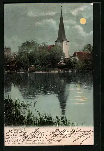 Mondschein-AK Hamburg-Bergedorf, Kirche und Teich