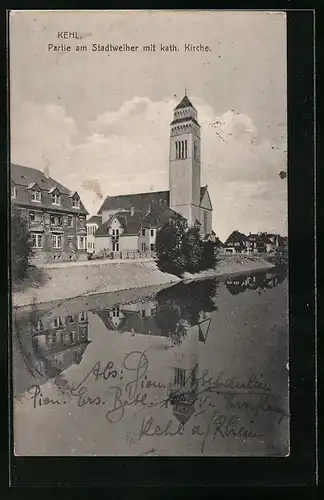 AK Kehl, Flusspartie am Stadtweiher mit Katholischer Kirche