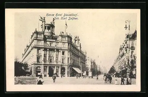 AK Düsseldorf a. Rh., Hansa Hotel mit Strassenpartie